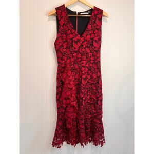 Alice + Olivia Katia Ruffled Lace Sheath Dress Red Black Sleeveless V Neck Sz 4